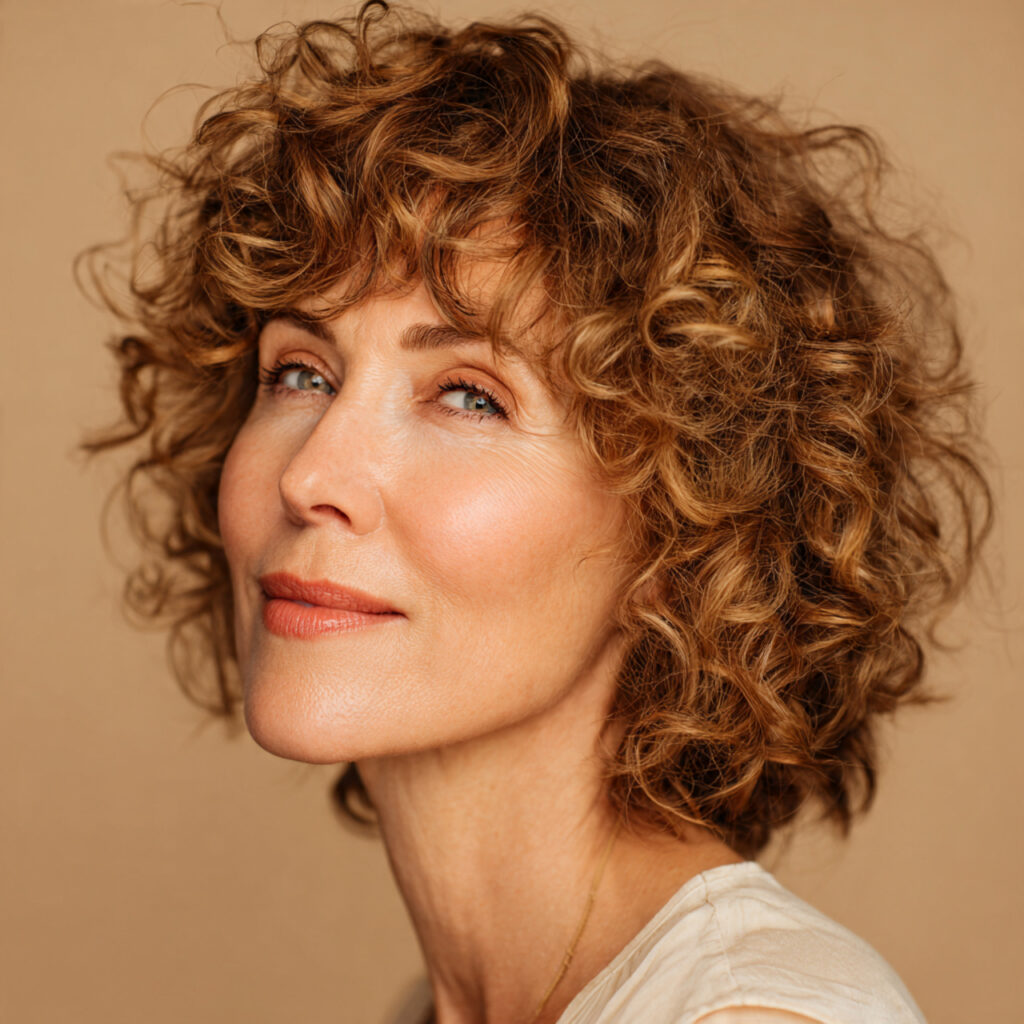 Curly Hairstyle with Soft Bangs Idea