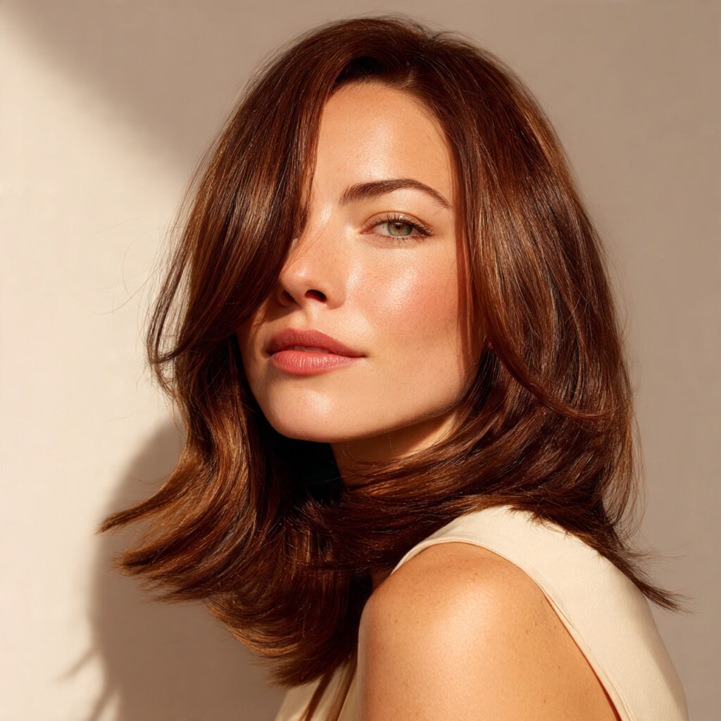 a woman with a flowing shape medium length lob