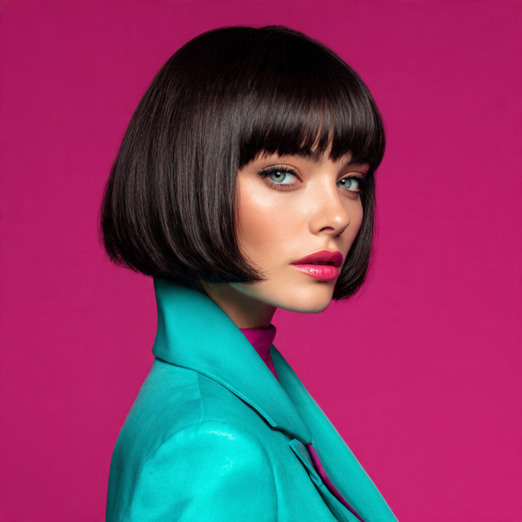 chin length blunt bob haircut on a confident