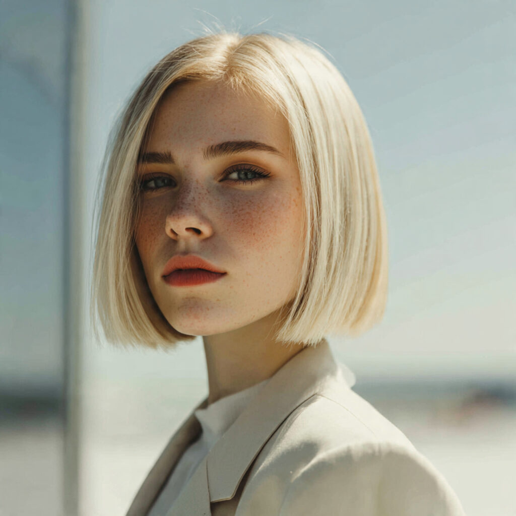 minimalist blunt bob haircut on a woman