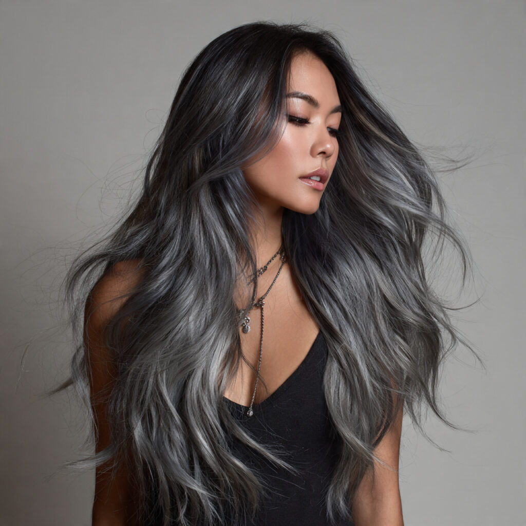 Steel Gray Balayage Blending Hair Color Idea