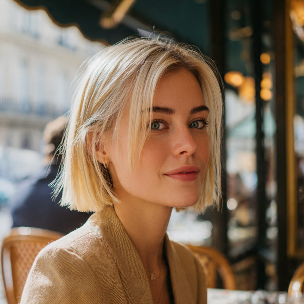 parisian inspired blunt bob haircut effortless chic woman