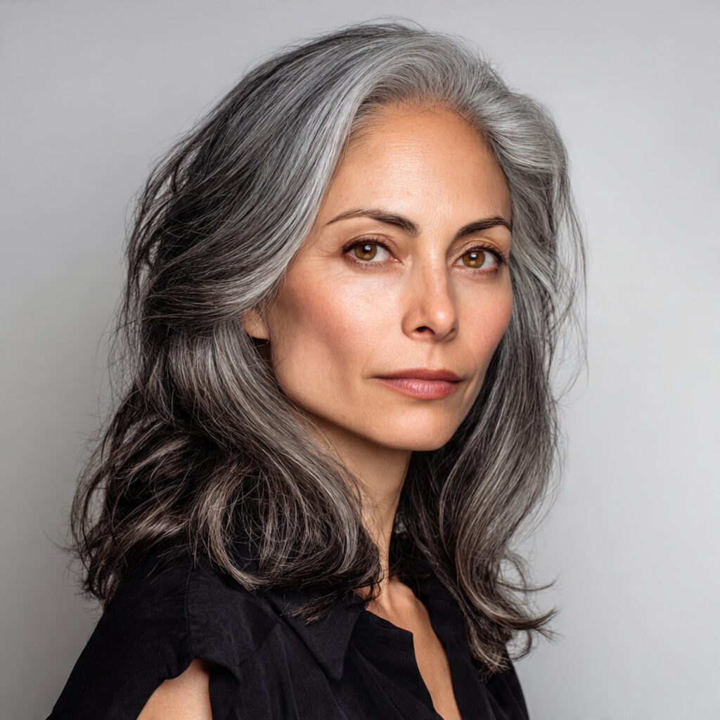 Steel Gray Hair with Soft Espresso Low Lights Idea