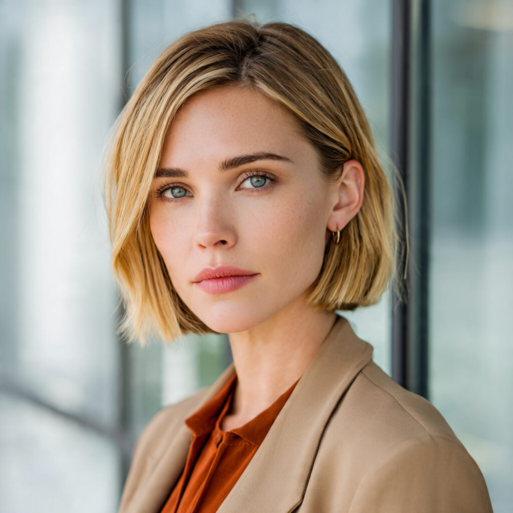professional refined blunt bob haircut confident working