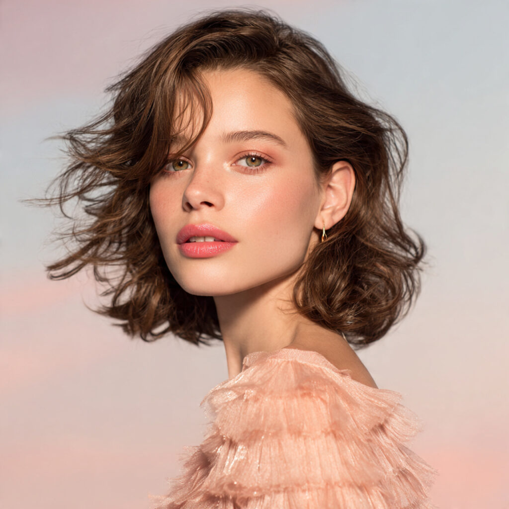 a light skinned woman with soft facial features