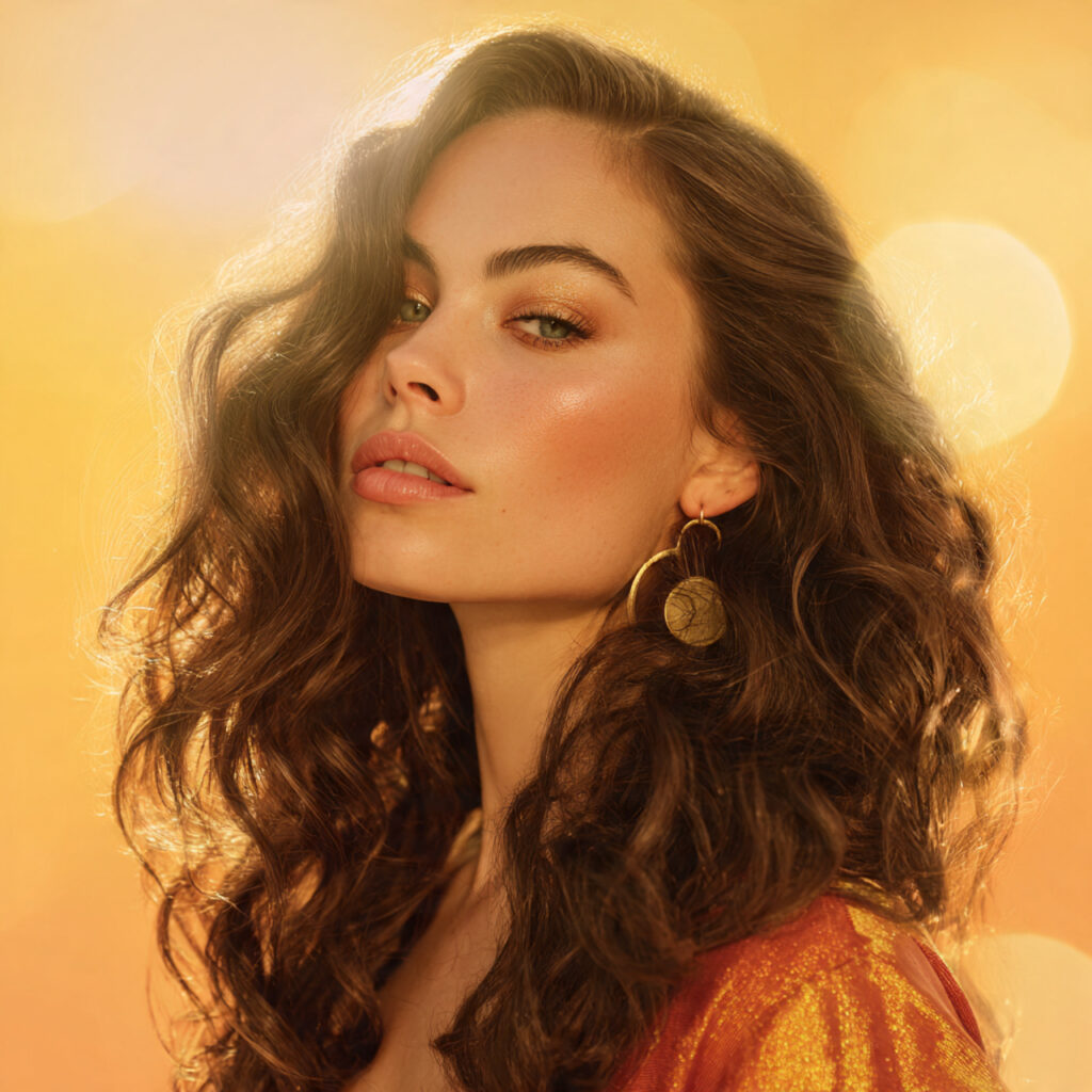 a radiant woman with warm brunette hair and golden